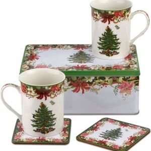 Set of TWO NIB Spode Christmas Tree 5 pc tin sets Poinsettia 4 mugs 2 tins